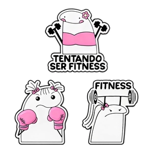 Three-piece Flork enamel pin set featuring cute fitness girls with dumbbells and boxing