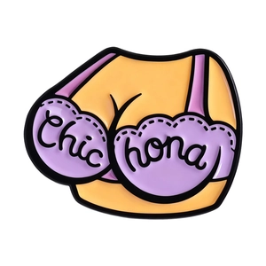 Creative enamel pin featuring funny purple bra design with Chic hona lettering