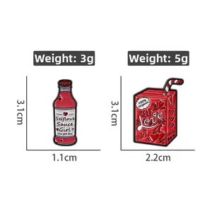 Detail showing Selflove Sauce and Juice enamel pin sizes and weight measurements
