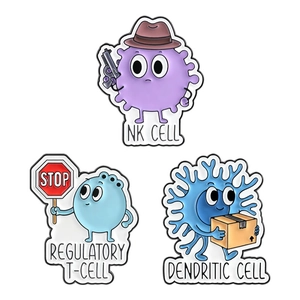 Cartoon enamel pins set featuring NK cell, Regulatory T-cell, and Dendritic cell designs