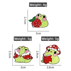 Detailed size and weight specs for cute frog enamel pins with strawberry and crown