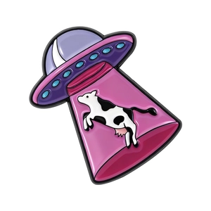 Broche émaillée OVNI extraterrestre créative avec faisceau rose kidnappant une vache