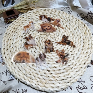 Realistic dog stickers set with various breeds on a rustic woven mat for DIY decoration