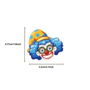 Detailed size view of colorful clown sticker showing 4.77cm height and 5.5cm width