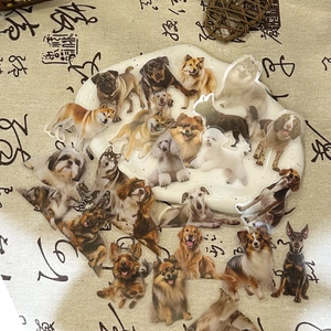 Detail view of various waterproof dog stickers in a white bowl for DIY scrapbooking