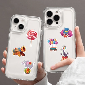 Vibrant circus cartoon carnival themed transparent iPhone case featuring animal illustrations