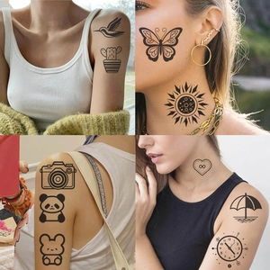 Tatuaggi temporanei minimalisti neri con animali e sole per braccio e viso della persona