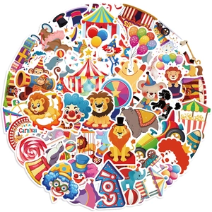 Flat lay circle of waterproof circus carnival stickers with animals and tents