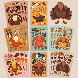 Detailed flat lay of 8 waterproof Thanksgiving turkey stickers with DIY pilgrim hat pieces