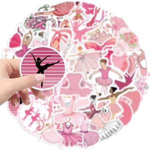 Close-up of waterproof pink ballet stickers showing ballerinas and pointe shoes textures