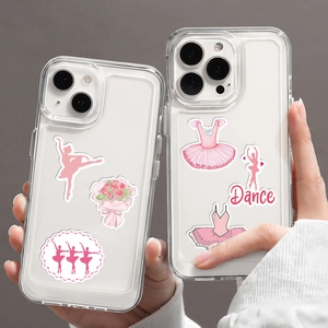 Close-up of clear phone case with pink ballet dancer motifs and rose floral patterns