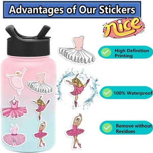 Detail of waterproof ballet stickers applied to a water bottle showing durability