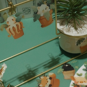 Transparent PET stickers featuring cute cartoon animals in clay pots on a metal frame