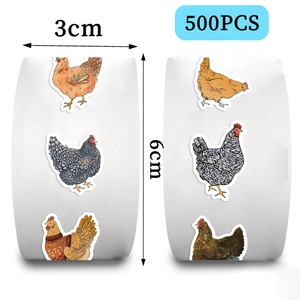 Detail of 500pcs chicken sticker roll showing 3cm width and realistic farm hen patterns
