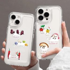 Dettaglio di cover trasparenti con adesivi scarabocchio di cibo giapponese e icone