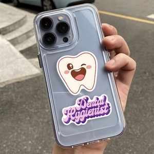 Detail of waterproof cartoon dental stickers on a phone case for dental hygienists