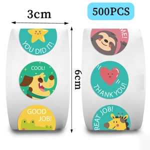 Roll of 500 colorful animal reward stickers with star dog and giraffe designs for kids