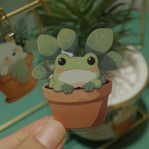 Transparent cartoon frog plant sticker for journaling and laptop decoration