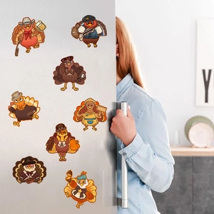 Set of 8 cute Thanksgiving turkey fridge magnets on a stainless steel refrigerator