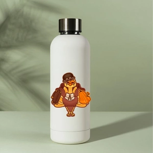 Detail of a white stainless steel water bottle featuring a cartoon Thanksgiving turkey print