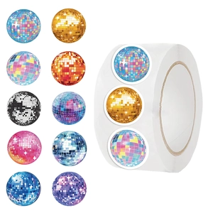 Roll of 500 colorful disco ball themed stickers with shiny mirror grid patterns