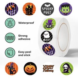 Macro shot of Halloween sticker roll showing waterproof pumpkin and ghost designs