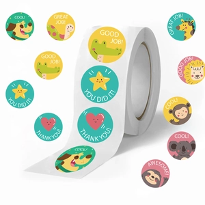 Roll of 500 colorful cartoon animal reward stickers for kids with motivational English text