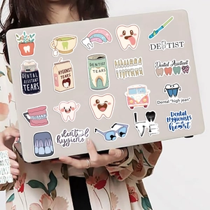 Waterproof dental theme stickers applied on a laptop lid for office decoration
