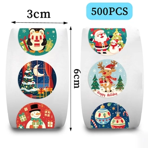 500pcs Christmas cartoon stickers roll with Santa and Reindeer designs 3cm diameter