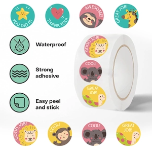 500pcs roll of waterproof cartoon animal reward stickers for kids with motivational quotes