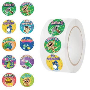 Rouleau d'Autocollants Récompense Animaux Dessin Animé Pour Enfants Enseignants Autocollants Washi Avec Éloges Anglais Espagnol