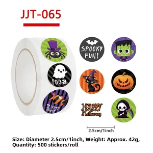 Detail of 1-inch Halloween cartoon stickers roll showing size and weight specifications