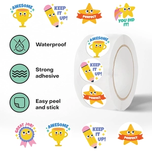 Detail of cartoon star reward sticker roll showing waterproof adhesive and cute trophy designs