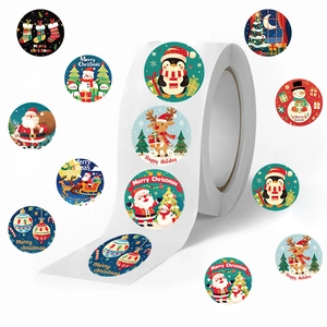 Roll of 500 waterproof Christmas stickers with cartoon Santa, reindeer, and tree designs