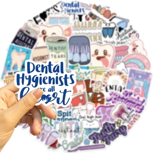 Waterproof dental themed stickers featuring cartoon teeth and dental hygienist slogans