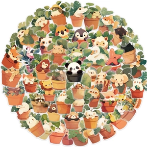 Waterproof PET Transparent Cartoon Animal Potted Plant Stickers For Scrapbooking Journal Laptop Guitar Decoration Kawaii Decals
