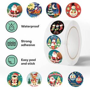 Waterproof cartoon Christmas stickers roll showing reindeer and Santa icons with strong adhesive