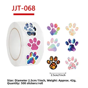 500-count waterproof dog paw print sticker roll with artistic patterns and 1-inch diameter