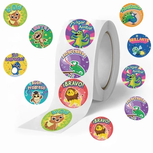 Rouleau de 500 autocollants animaux de dessins animés espagnols pour récompenses scolaires