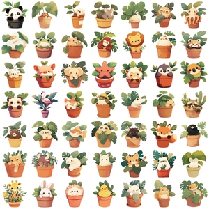 50pcs waterproof clear PET stickers featuring cartoon animals in potted green plants