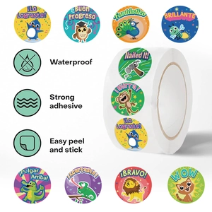 Rouleau de 500 autocollants animaux pour enfants avec messages de motivation en espagnol, étanche
