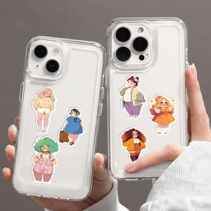 Detail of cute diverse girl stickers on transparent iPhone cases with hands holding phones