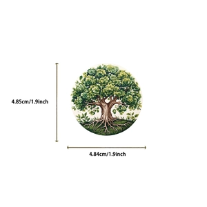 Detail showing cartoon tree of life sticker with precise 4.85cm circular dimensions