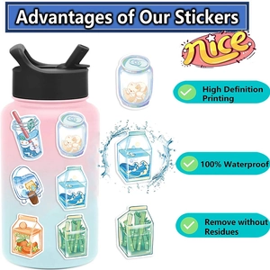 Close-up of waterproof cartoon cat stickers applied on a bottle with splash effect