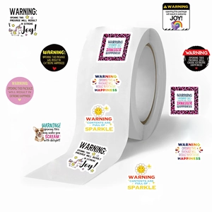 Roll of 500 cartoon warning stickers with unicorn and rainbow designs for package sealing