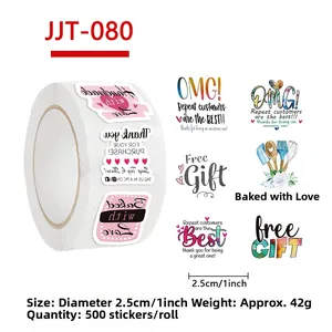 Nahaufnahme von 2,5 cm Belohnungsaufklebern mit Baked with Love und OMG Designs