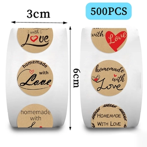 500pcs roll of vintage kraft paper stickers with homemade with love text for packaging