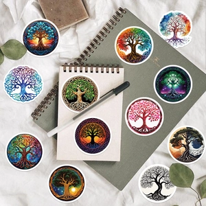 Set of Tree of Life vintage decorative stickers on a green notebook with art patterns