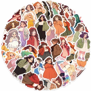 Close-up of assorted waterproof chubby girl cartoon stickers for DIY crafts and luggage