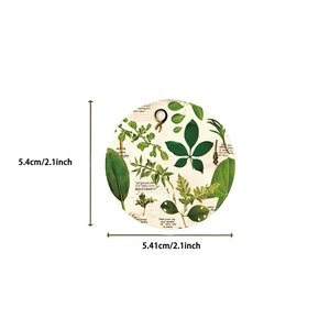 Detailed dimension view of 5.4cm round botanical sticker with green leaf design